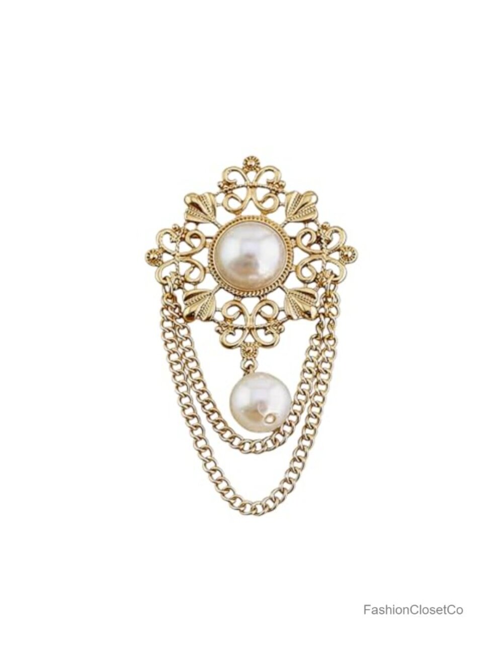 Vintage Pearl Brooch Gold Tone Statement Pin for Dress Shawl Lapel